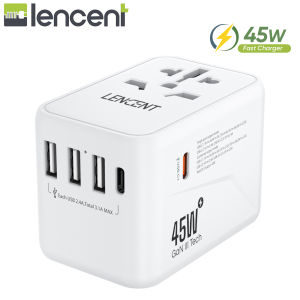 LENCENT GaN III 45W PD Fast Charger Universal Travel Adapter International Charger with 3 USB Ports & 2 USB-C PD Fast Charging Adaptor All in One Worldwide Wall Charger Converter for iPhone Samsung Laptops Type A/C/G/I (USA/UK/EU/AUS) Color White