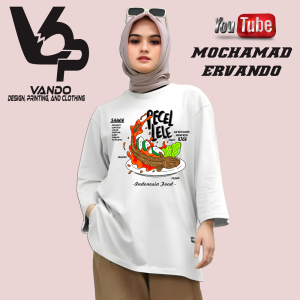 VANDO Kaos Lengan Panjang Kaos Makanan Pecel Lele Baju Distro Tangan Panjang T-shirt Longsleeve Atasan Pria Bahan Cotton Combed 30s - Putih