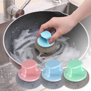 Steel Wire Ball Cleaning Brush With Handle Kitchen Soap Dispensing Palm Brush Washing