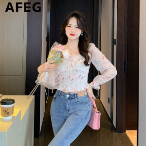 AFEG Korean square neck fashion short fit versatile temperament printing chiffon long sleeve womens top for women