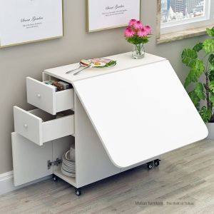 Foldable Dining Table With Drawer Kitchen Storage Cabinet Space Saver Household Folding Table With Wheel Mobile tquK