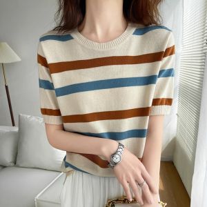 Womens T-Shirt Summer 100% Cotton Sweater Short Sleeve Striped Knitted Round Neck Ladies Tops Loose Blouse Pullover Tees2026