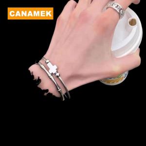 【CANAMEK】 Vintage Cross Charm Bracelet Silver Personality Couple Bracelet Adjustable Titanium Steel Religious Bracelet For Women