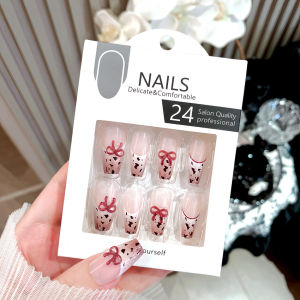 เล็บปลอมสำหรับผู้หญิงและเด็กผู้หญิงติดโบว์เล็บพิมพ์ลายเสือดาวน่ารักพร้อมกาว