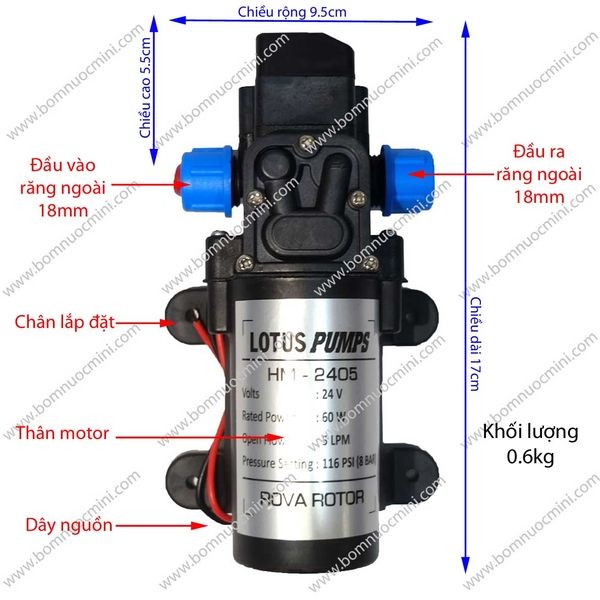 Bơm Áp Lực 24V HM-2405 (5L/P) | Máy bơm HM2405 24V