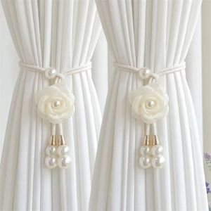 ZG285 2Pcs Pearl Floral Curtain Tiebacks Modern Minimalist Curtain Ties Creative Polyester Texture Camellia Curtain Tiebacks Sheer Curtains