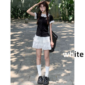 Korean Ballet Style Tiered High-Waist A-Line Lace Puff Skirt For Women