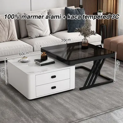 ⭐Marmer & 2 in 1⭐Meja Tamu Minimalis70+60 cm Marmer + Kaca Meja Kopi Minimalis Tempered meja persegi aesthetic modern cxq