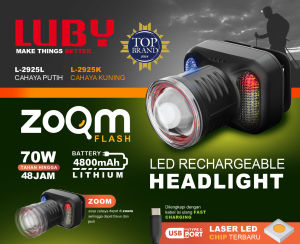 Luby L-2925L Headlamp Zoom LED Berkilauan dengan Zoom dan USB Port - Tahan Lama 48 Jam