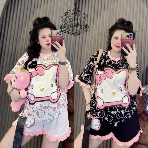 #COD Korean Pajamas Terno for Women Sweet Round Neck Top + Shorts Dopamine Two Piece Set Casual Outfits