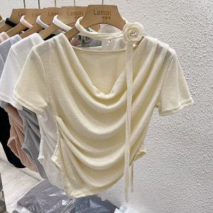 BL20855 Drapery Blouse With Tie n Rose Brooch