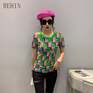 REHIN Womens top Slim fit unique patten Color-coded squares print round collar mesh short-sleeved T-shirt S-3XL trend elegant blouse
