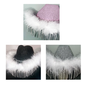 Sequin quả tua kim cương giả mũ cao bồi đám cưới Mũ Cô Gái Chăn bò Mũ đi biển với Feather Brim Tây Đầm sang trọng phụ kiện