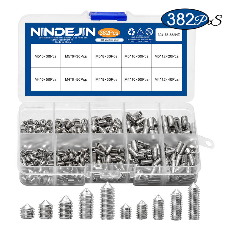 382pcs M4 M5 Hex hexagon socket cone point set screw assortment kit 304 stainless steel set