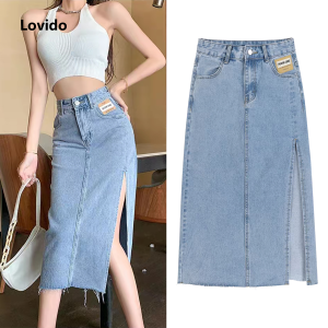 Plus size denim skirt with raw edge womens irregular high waist bottoms with left slit A-line skirt