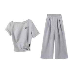 Muuv-It Korean Lazy Style Women Set Casual Short Sleeve Top High Waist Wide Leg Pants Comfy Loungewear Sporty Outfit