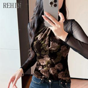 Rehin của phụ nữ lưới cổ điển dài tay in họa tiết hàng đầu ôm vừa thanh lịch mùa thu mùa đông áo Blouse thời trang