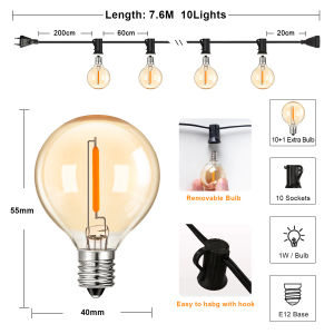 G40 Outdoor String Light Vintage Amber Glass Led Bulb Dimmable IP44 Waterproof Home Patio Decor Connectable Garland Fairy Light