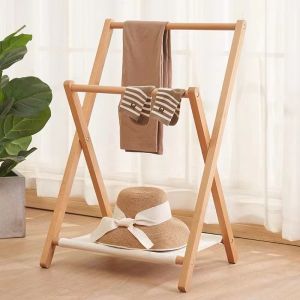 Folding Clothes Hanger Bathroom Solid Wood Floor Standing Towel Rack Indoor Moistureproof Coat Shelf