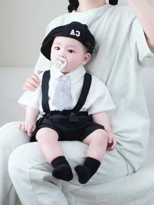 Baby Boys First Birthday Outfit Infant College Style Tie Shirt with Suspender Shorts Stylish Cotton Two-Piece Set