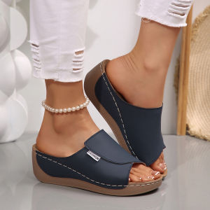 Free Shipping Plus-Size Thick-Soled Casual Slippers For Women New Style Wide Straps Simple And Fashionable Open-Toe Wedge Heel Slippers