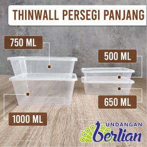 Thinwall 1000 ml + Tutup / Kotak Makan Plastik Bening / Thinwall Persegi Panjang 1000ml ISI 25 PCS