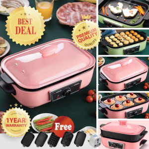 1400W Multi-Function Cooker Non-Stick Barbecue Grill Griddle Takoyaki Pan Tray 2.5L Hot Pot Electric Skillet PINK COLOR