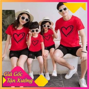 set bộ đi biển gia đình 3/4/5 người mẫu áo đỏ tim đen chất thun cotton mềm mịn đủ size từ 6-90kg