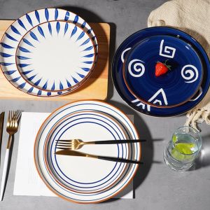 Myelement 8/10-in Ceramic Dinner Plates Japanese Style Edges Round Serving Plate Tableware for Steak PastaRestaurant