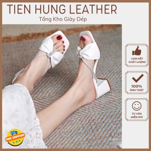 Dép guốc thắt nơ đính đá mũi vuông cao 5cm giày dép nữ hai màu đen trắng TH1002