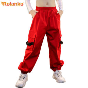 Rolanko Celana Merah สำหรับเด็กกางเกงกางเกงขาจั๊มสินค้าที่บรรทุกหลวมชุดเต้นรำฮิปฮอปถนนชุดกีฬากางเกงเด็กเสื้อผ้าลำลอง6-14ปี