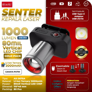 AOKI Senter Kepala Cahaya Maksimal Plus RechargePro dengan USB-C 60W Fokus & Penyebaran Zoom