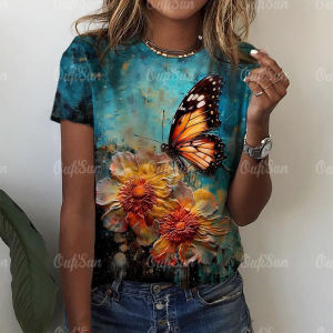 2024 Fashion Woman T Shirt 3D Butterfly Print Crew Neck Short Sleeve Tee Luxury Female T-shirts Oversized Y2k Clothing For Girls