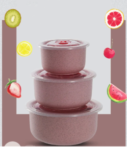 Set Mangkuk 3in1 Jerami Gandum Organik/ Mangkok Makan Mie Wheat Straw Bowl Dengan Tutup Lengakap Murah / Kotak Pengawet Kedap Udara Food Grade