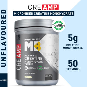 MuscleBlaze CreAMP Micronised Creatine Monohydrate (Unflavoured 0.55lbs / 250g) Enhanced Absorption Boosts Strength Power & Endurance