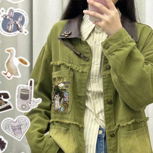 Áo khoác denim lớn thêu xanh Nhật Bản cho phụ nữ thiết kế mùa xuân thu 2025 áo thời trang đồng phục bóng chày thẩm mỹ sang trọng