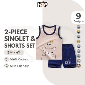 【READY STOCK】2-Piece Singlet+Shorts Set (100% Cotton) with Cartoon Baby Clothes Kids Clothes Baby Fashion Baju Budak