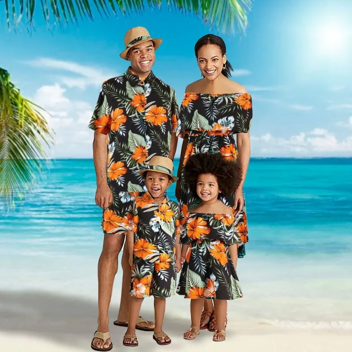 TOP Casual Family Matching Set Outfits Hawaii parent child shirt Men Boy Shirts Floral Print Women Girls dress Holiday Beach Wear Summer Clothes Lazada