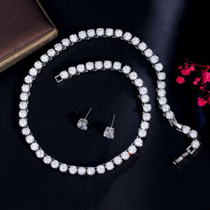 SEQUITO Bộ Vòng Cổ Dự Tiệc Mạ Bạc Đá Zircon Lập Phương AAAAA Chất Lượng Cao Với Khuyên Tai Dạng Hạt Tròn Bộ Trang Sức Dự Tiệc Cho Cô Dâu Tuyệt Đẹp SJ271