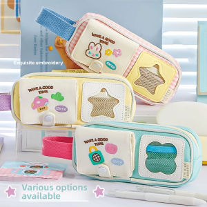 TSEVD หลายชั้น กระเป๋าเครื่องเขียนการ์ตูน Y2K จอแสดงผลพีวีซี งานปัก กระเป๋าใส่ดินสอ น่ารัก ปากกาการ์ดเครื่องสำอาง กล่องดินสอเกาหลี สำหรับทุกเพศ