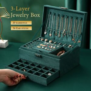 GOLDVAULT With Lock And Drawer Jewelry Storage Box Velvet Large Capacity Earring Ring Necklace Organizer Fashion 3 Layers Jewelry Box Organizer For Women