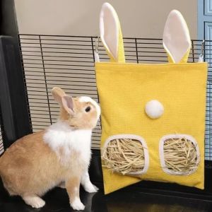 LIWU 2/3 Holes Hanging Hay Bag Rabbit Ears Canvas Cage Accessories Large Capacity Food Dispensers Bag Bunny Guinea Pigs