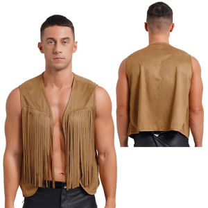 Mens Faux Suede พู่เสื้อกั๊ก Rave Party Rivets Fringe Waistcoat เปิดด้านหน้าเสื้อแขนกุด Western คาวบอย Cardigan Clubwear