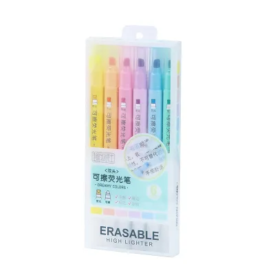 6 Colors Erasable Highlighters Set Double-Ended Pastel Markers for Students Study Note-taking Bullet