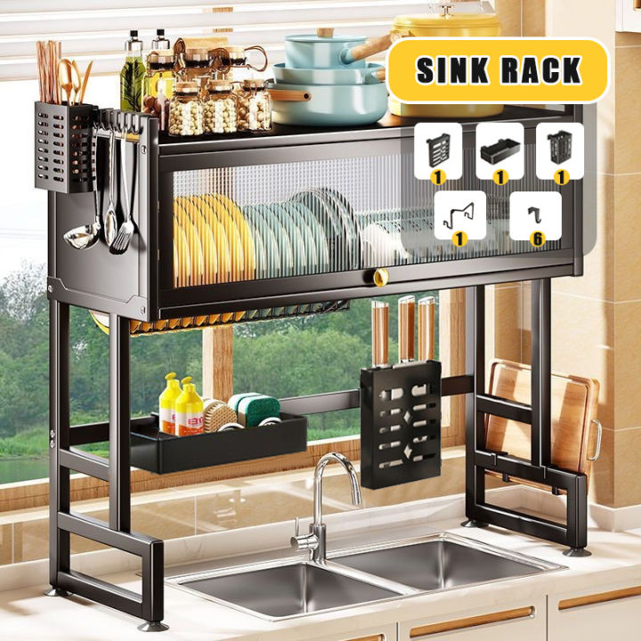 Metallic Dish Cabinet Rack Dustproof Drain Rack With Cabinet Door Multi