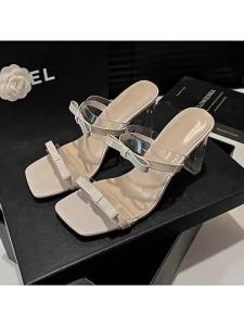 [Free Shipping] Womens High Heels 2025 Summer New Square Toe Bowknot Crystal Heel Sandals Chunky Heel Slippers for Women