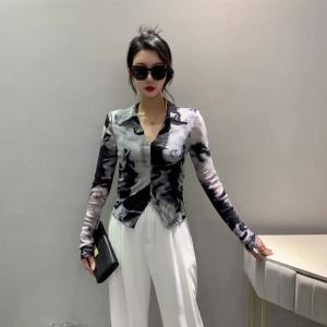 AMMIN เสื้อเบลาส์สวยหรูสไตล์เกาหลี 2024 มีลายทาง ปกสีน้ำหมึกพิมพ์มัดย้อมใหม่ ฤดูร้อน 2024 มีลายทาง