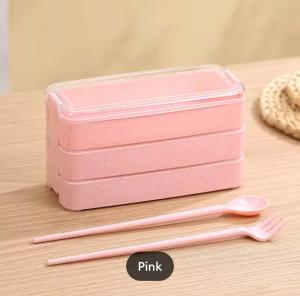 Lunch Box Jerami Warna 3 Tingkat 900ML BPA Free Kotak Makan Jerami Include Sendok Sumpit Garpu dan Box