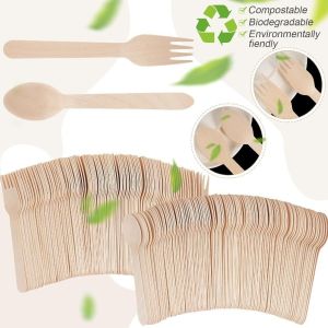 100Pcs Biodegradable Birch Wooden Tableware Eco Friendly Disposable Wooden Spoon Fork For Party Kitchen Use
