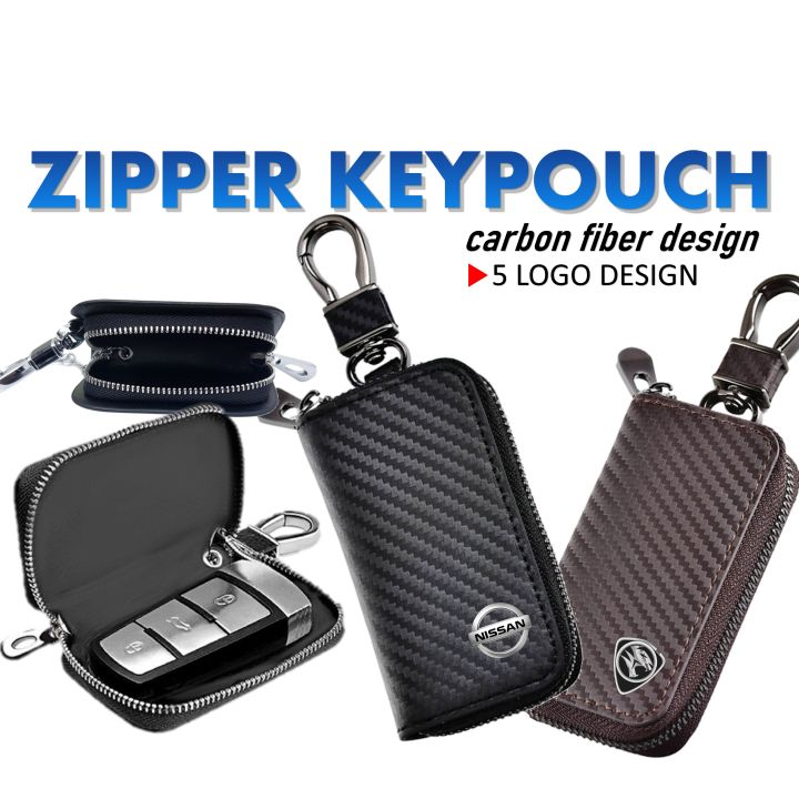 1PC Zipper Key Pouch Smart Remote Car Key Leather Cover Carbon Design